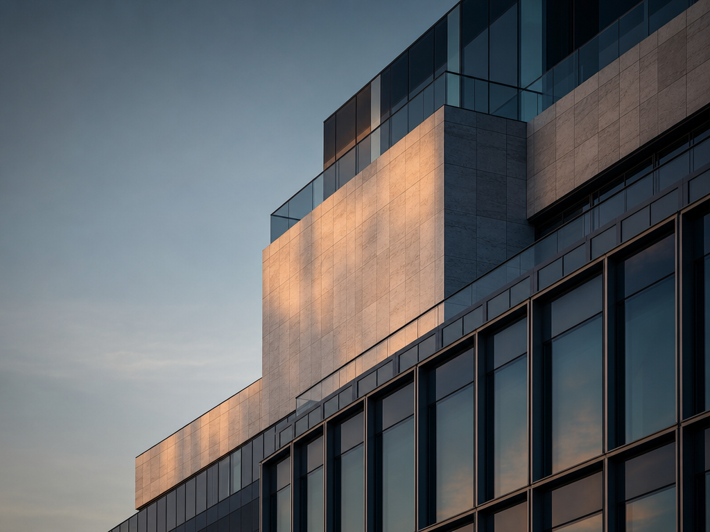 Contemporary architectural forms in evening light